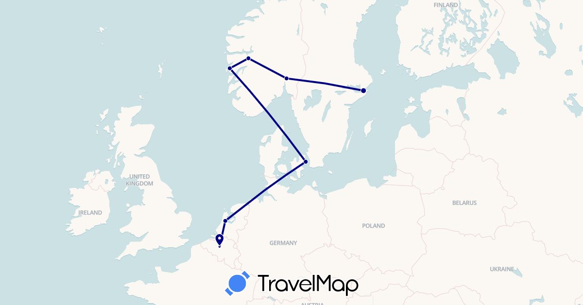 TravelMap itinerary: driving in Belgium, Denmark, Netherlands, Norway, Sweden (Europe)